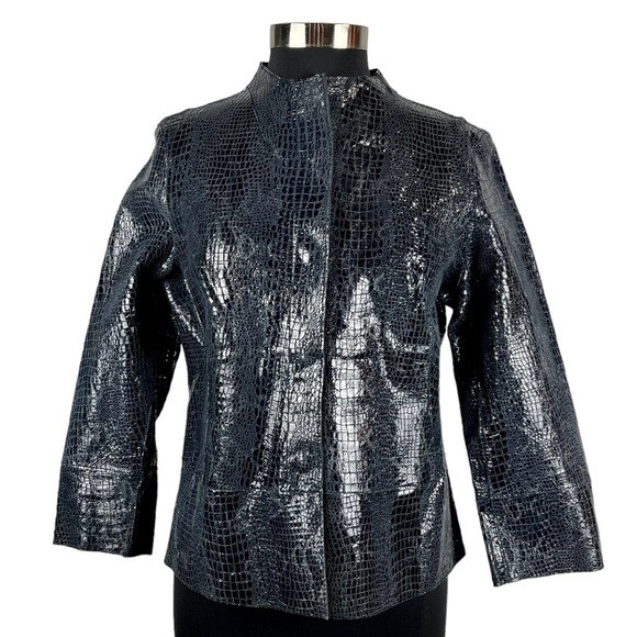 CHICOS KIMBERLY REVERSIBLE STRIKING ANIMAL MIDNIGHT LAVA EMBOSSED LEATHER JACKET - Picture 2 of 16